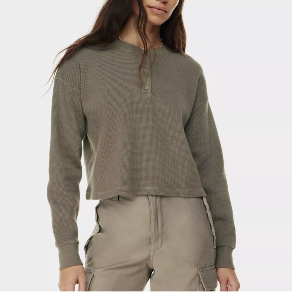 Aritzia Tna Long Sleeve Kendall Waffle Henley Top - Picture 1 of 7